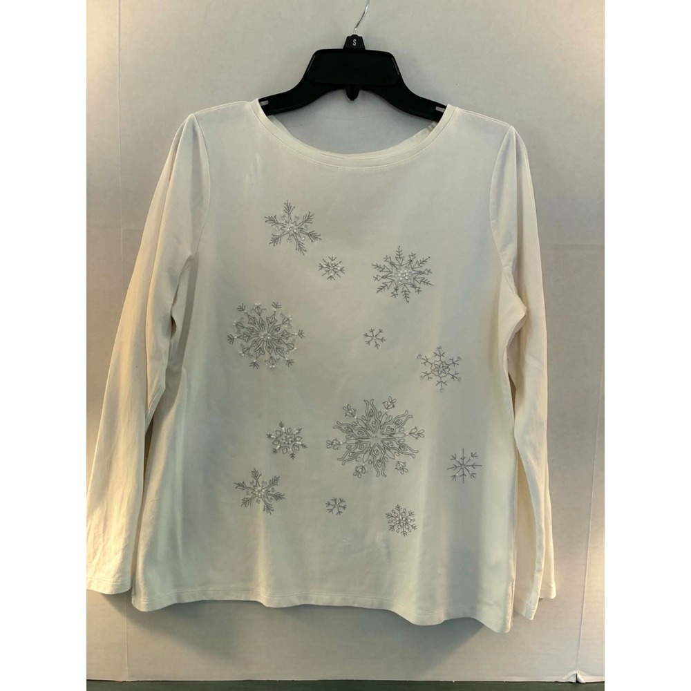 Talbots Womens Medium Ivory Snowflake Top Holiday Christmas Winter Cottagecore